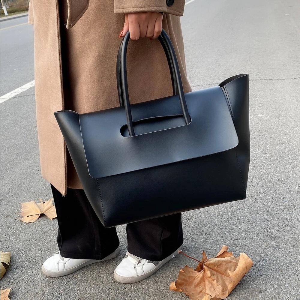 Large tote bag vegan leather minimalist flap closure neutral preppy black